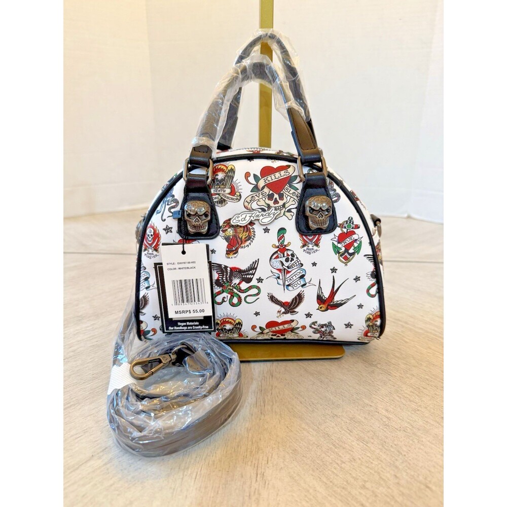 Ed Hardy Tattoo Birds Heart Skull Crossbody Satchel White Handbag Y2K New NWT